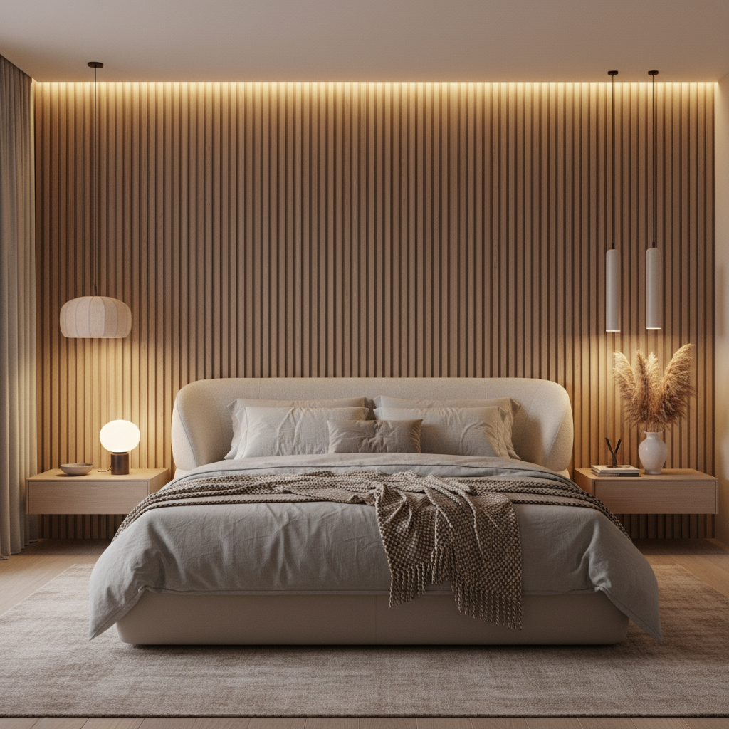 Beige Curved Back Master Bed