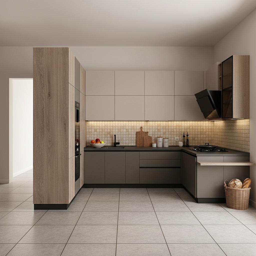 Wood & Beige Gloss Modern Kitchen