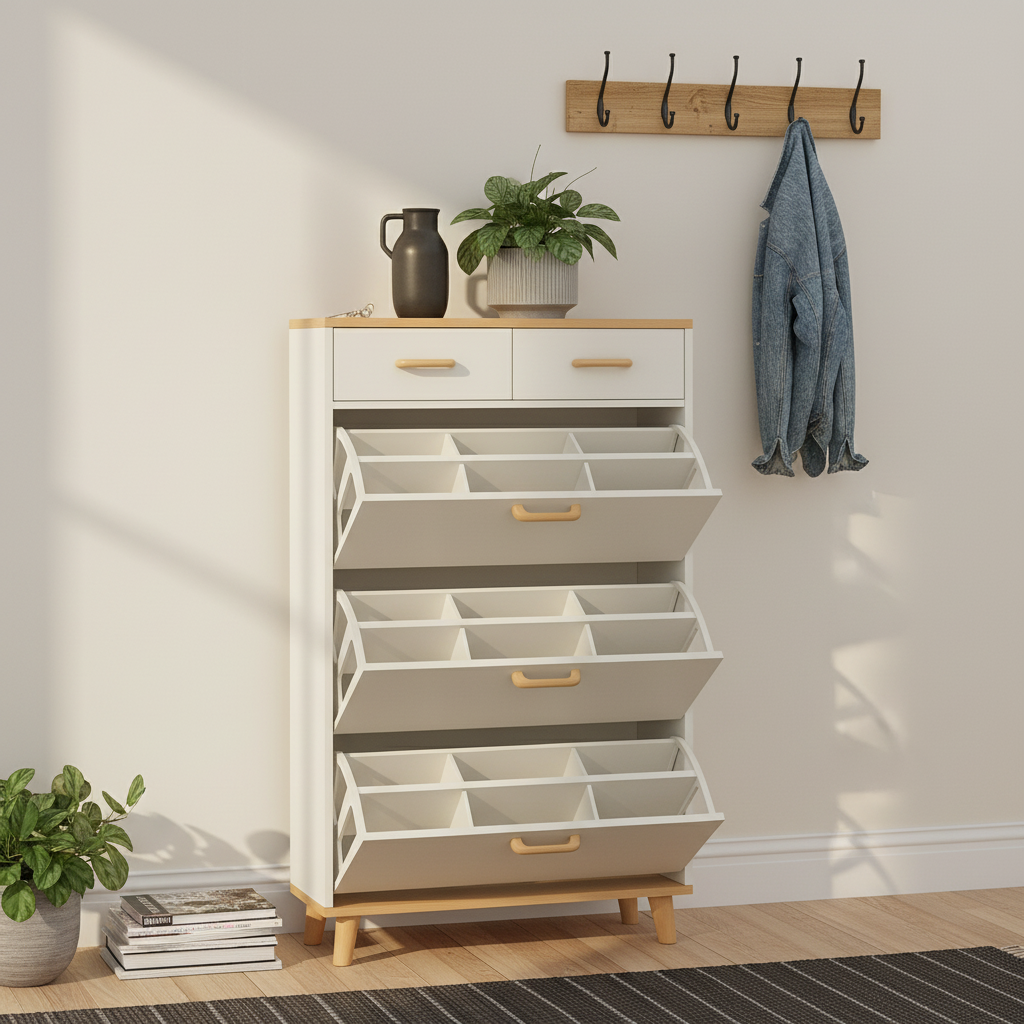 Matt White & Natural Wood Flip Shoe Storage Unit