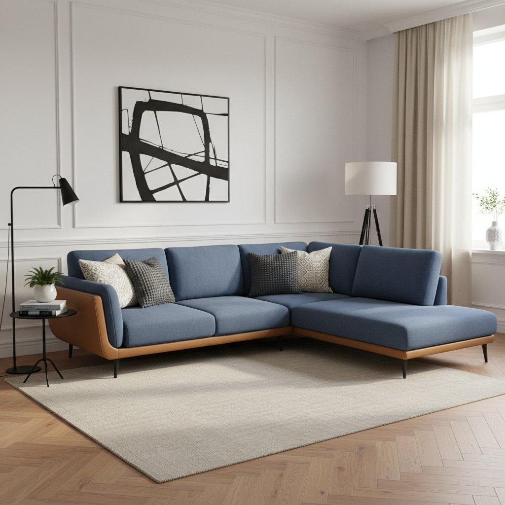 Navy & Wood L-Shape Sofa Bed