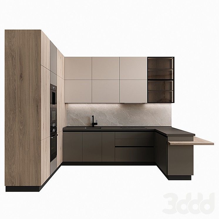 Wood & Beige Gloss Modern Kitchen