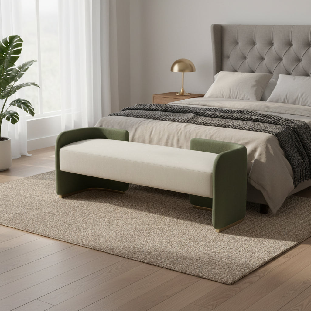 Natural Wood Bench with Suede Upholstery