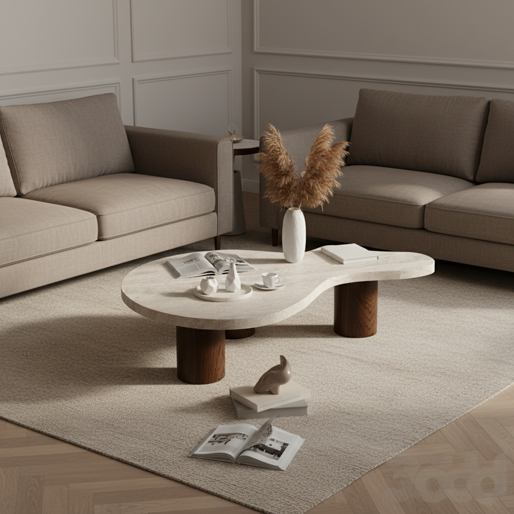 Off-White & Wood Semi-Circular Coffee Table
