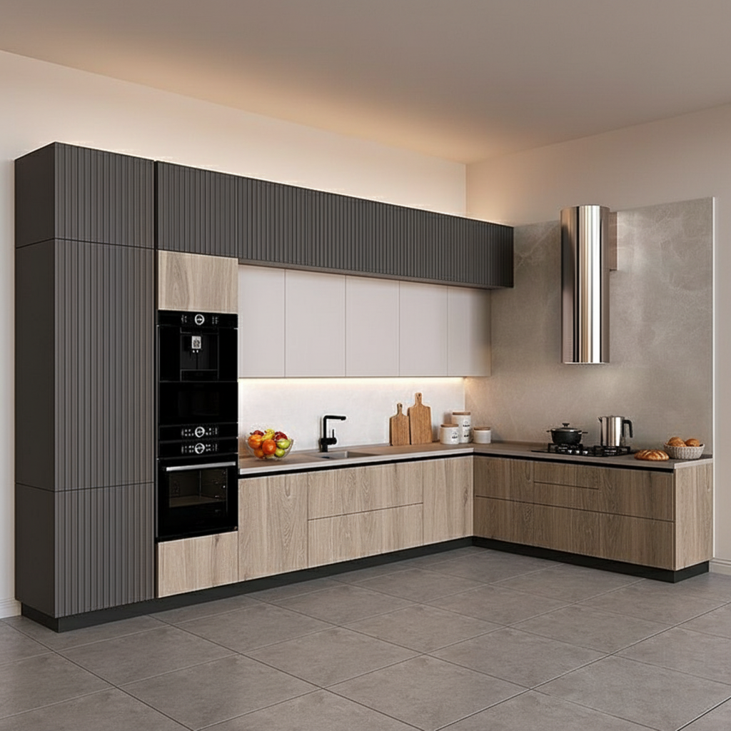 Wood & Dual-Tone Textured Polylac Modern Kitchen