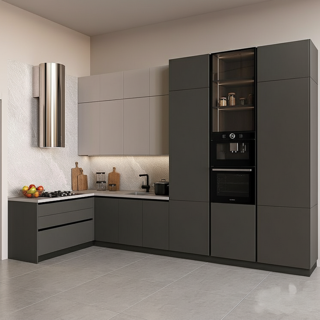 Wood & Dual-Tone GlassFrame Modern Kitchen